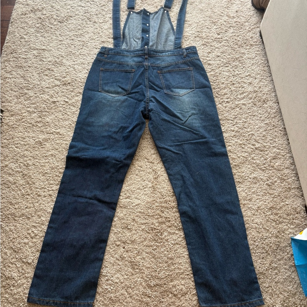 MISSLOOK Women’s Sz XL Juniors Blue Floral Patch Denim Overalls pockets buttons - Picture 5 of 9